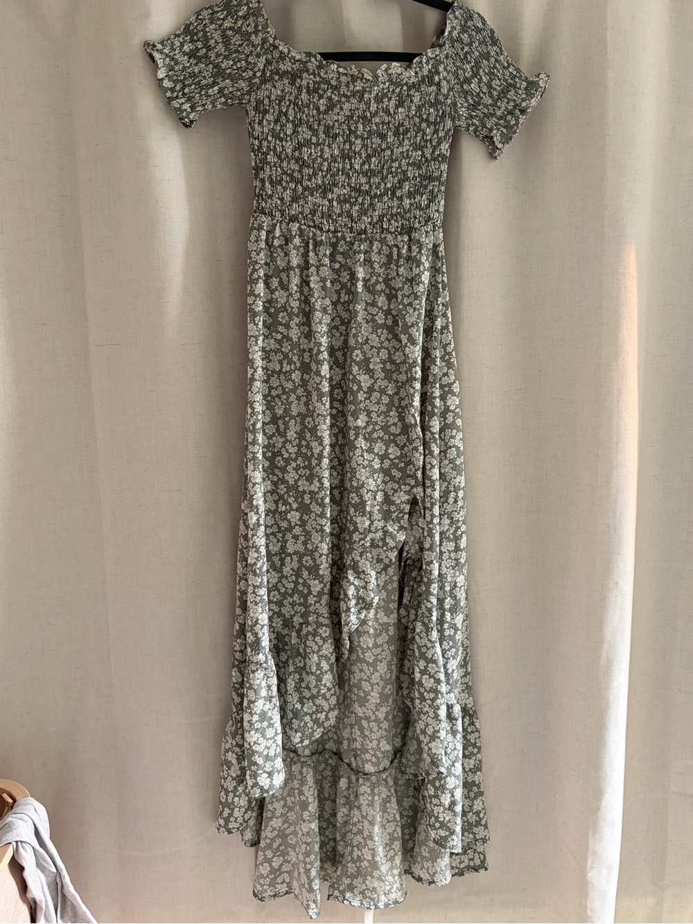 Smocked Off-Shoulder Floral Maxi Dress in Sage Green